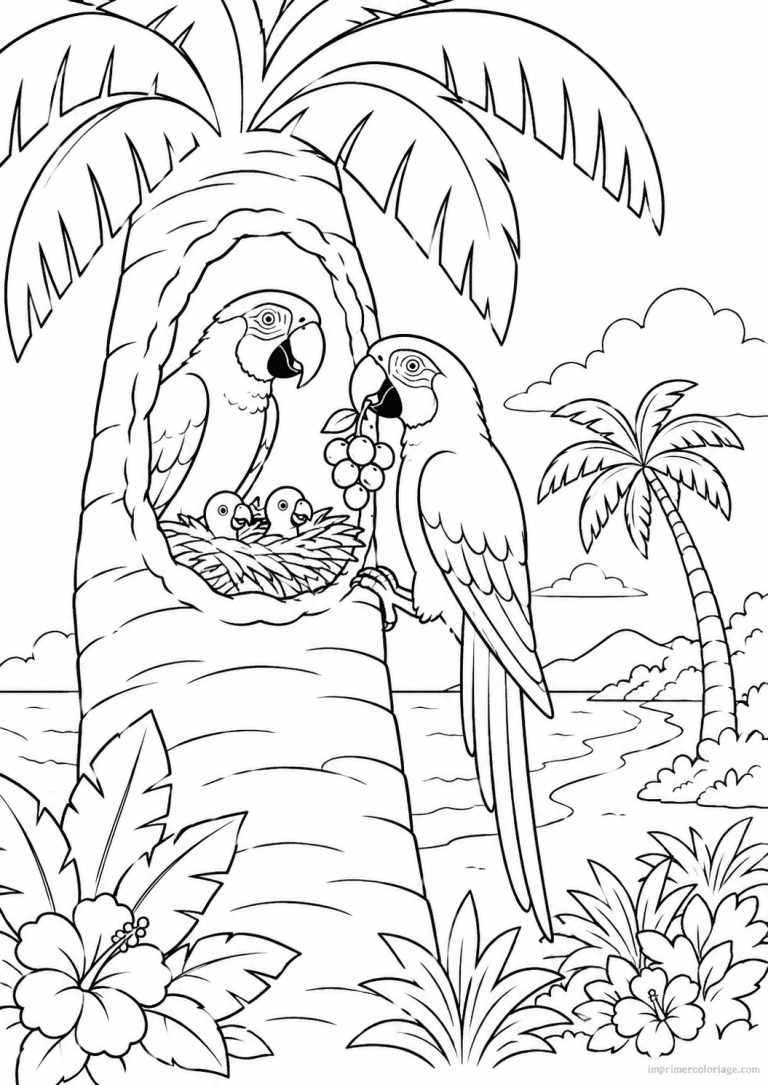 coloriage aras nid palmier plage poussins - dessin gratuit &agrave; imprimer