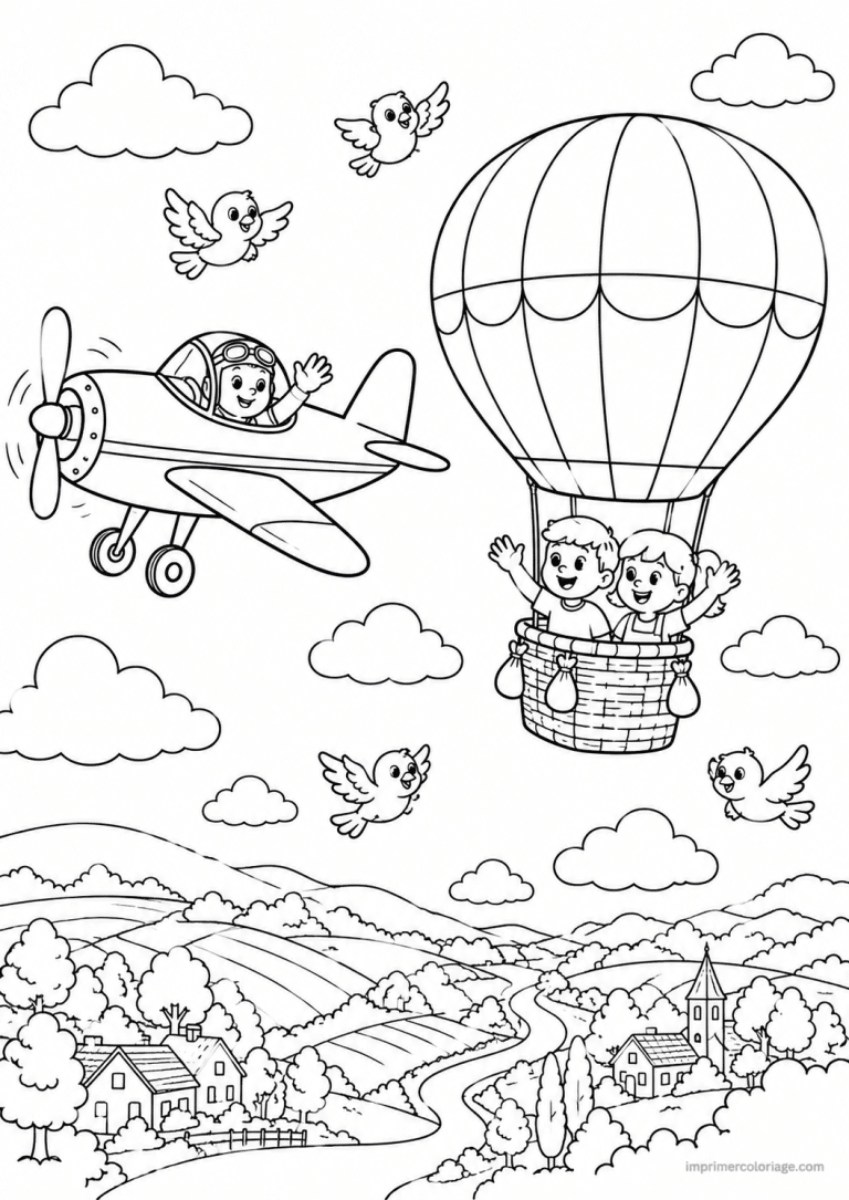 coloriage avion scene montgolfiere nuages à imprimer coloriage avion scene montgolfiere nuages - dessin gratuit à imprimer