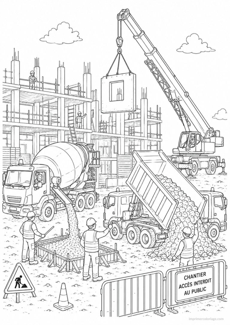 coloriage camion btp chantier trois engins - dessin gratuit &agrave; imprimer