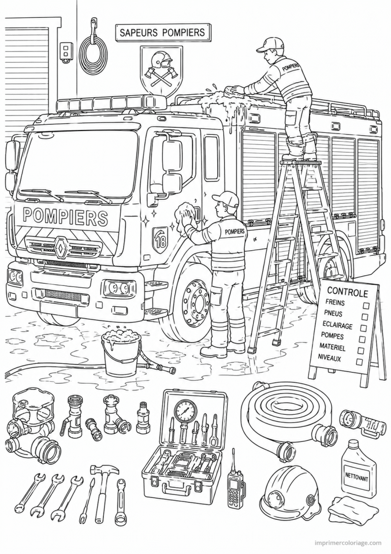 coloriage camion pompier entretien lavage - dessin gratuit &agrave; imprimer