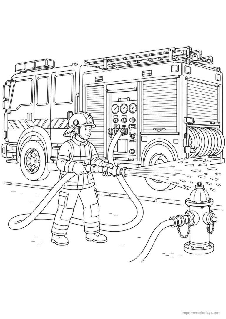 coloriage camion pompier lance borne eau - dessin gratuit &agrave; imprimer