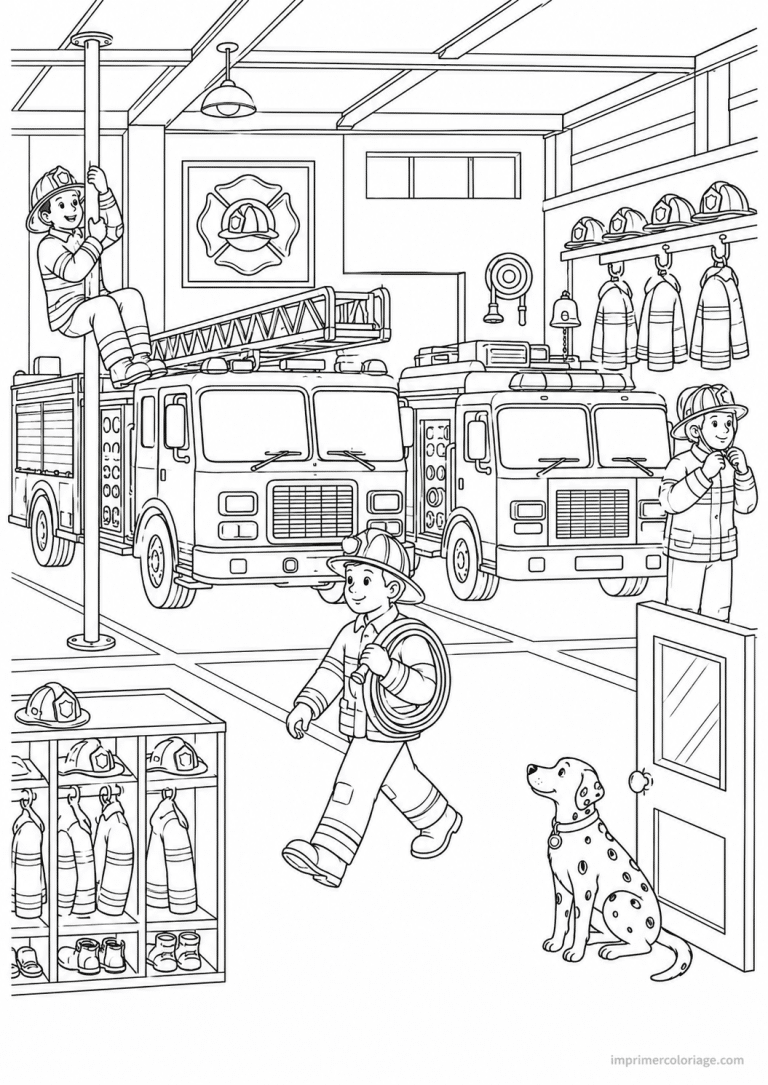coloriage camion pompier scene caserne poteau - dessin gratuit &agrave; imprimer