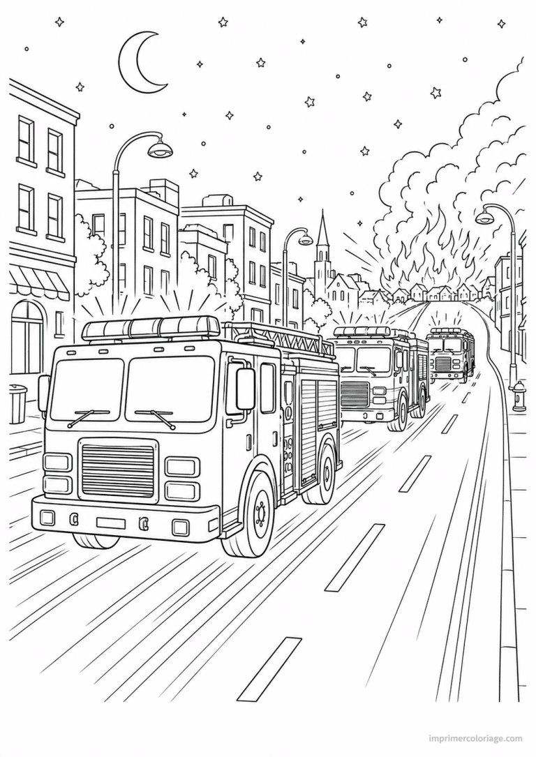 coloriage camion pompier scene convoi nuit - dessin gratuit &agrave; imprimer