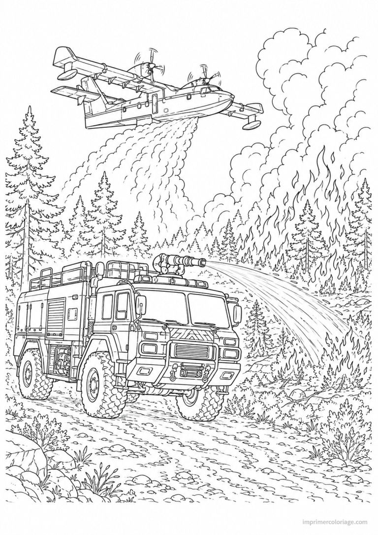 coloriage camion pompier scene foret canadair - dessin gratuit &agrave; imprimer