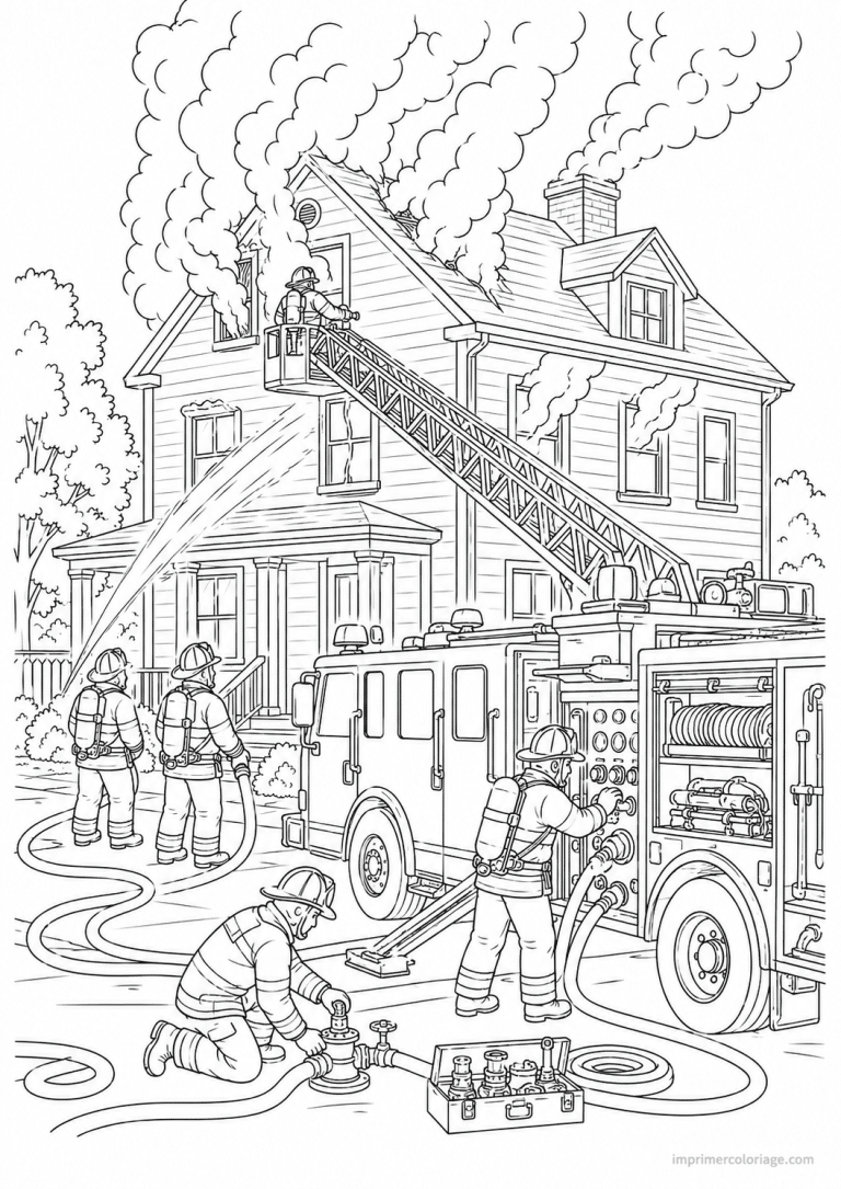 coloriage camion pompier scene incendie maison - dessin gratuit &agrave; imprimer