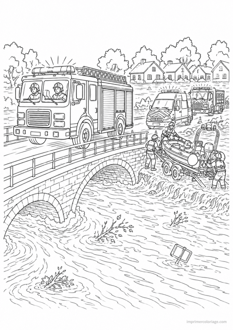 coloriage camion pompier scene inondation pont - dessin gratuit &agrave; imprimer