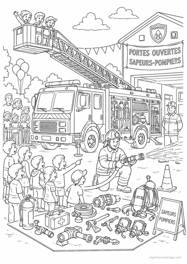 coloriage camion pompier scene portes ouvertes - dessin gratuit &agrave; imprimer