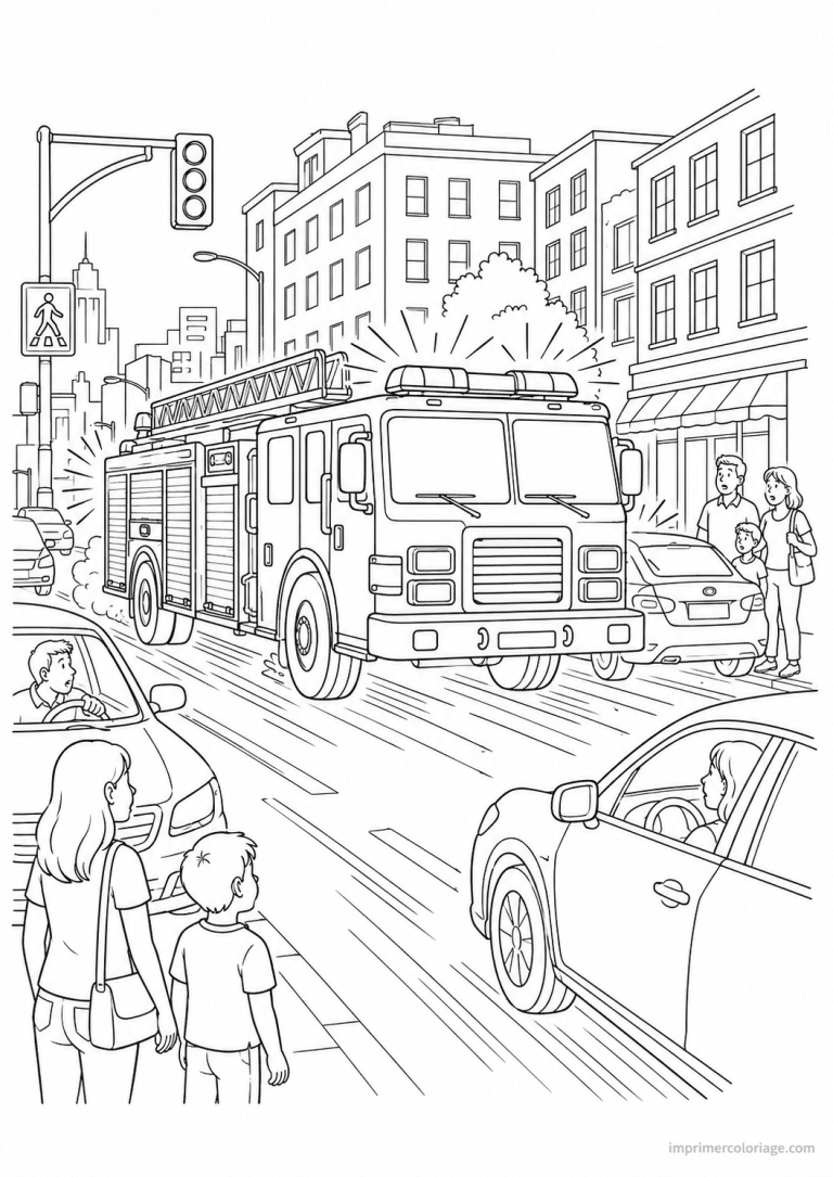coloriage camion pompier scene urgence ville - dessin gratuit &agrave; imprimer