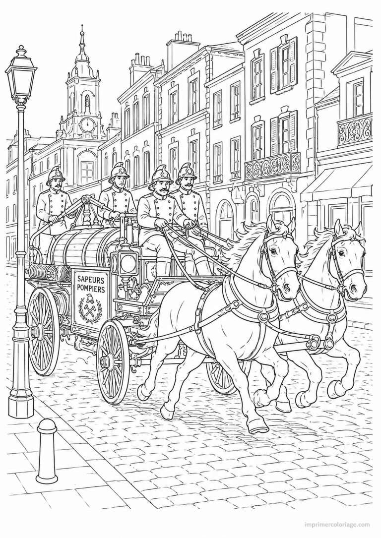 coloriage camion pompier scene vintage chevaux - dessin gratuit &agrave; imprimer