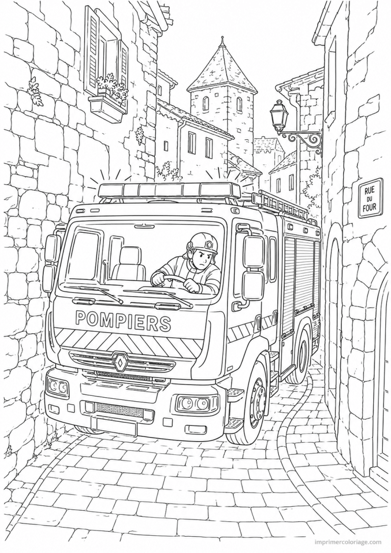 coloriage camion pompier village medieval ruelle - dessin gratuit &agrave; imprimer