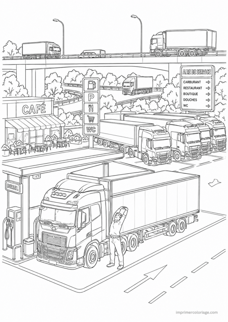 coloriage camion scene aire autoroute - dessin gratuit &agrave; imprimer