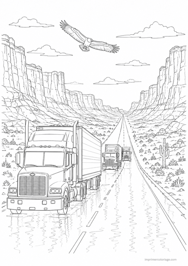 coloriage camion scene convoi desert - dessin gratuit &agrave; imprimer