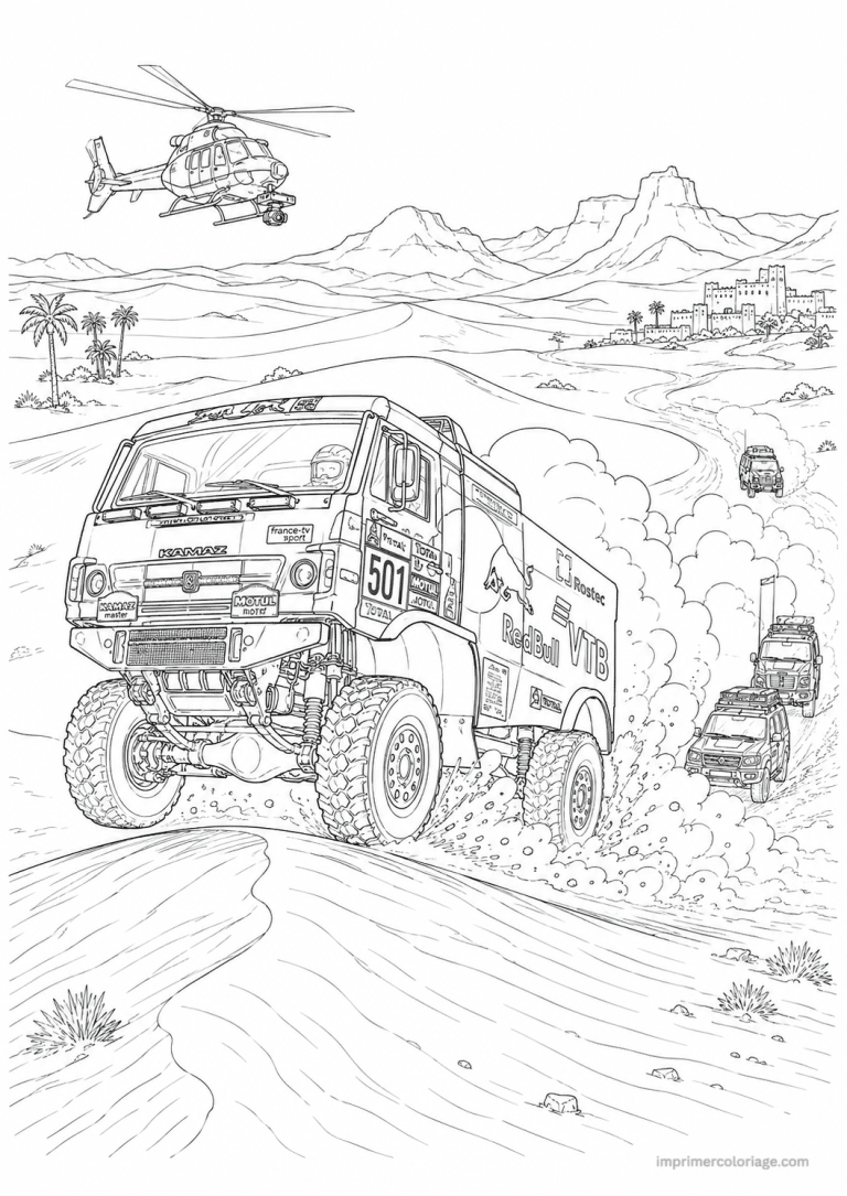 coloriage camion scene dakar dunes - dessin gratuit &agrave; imprimer