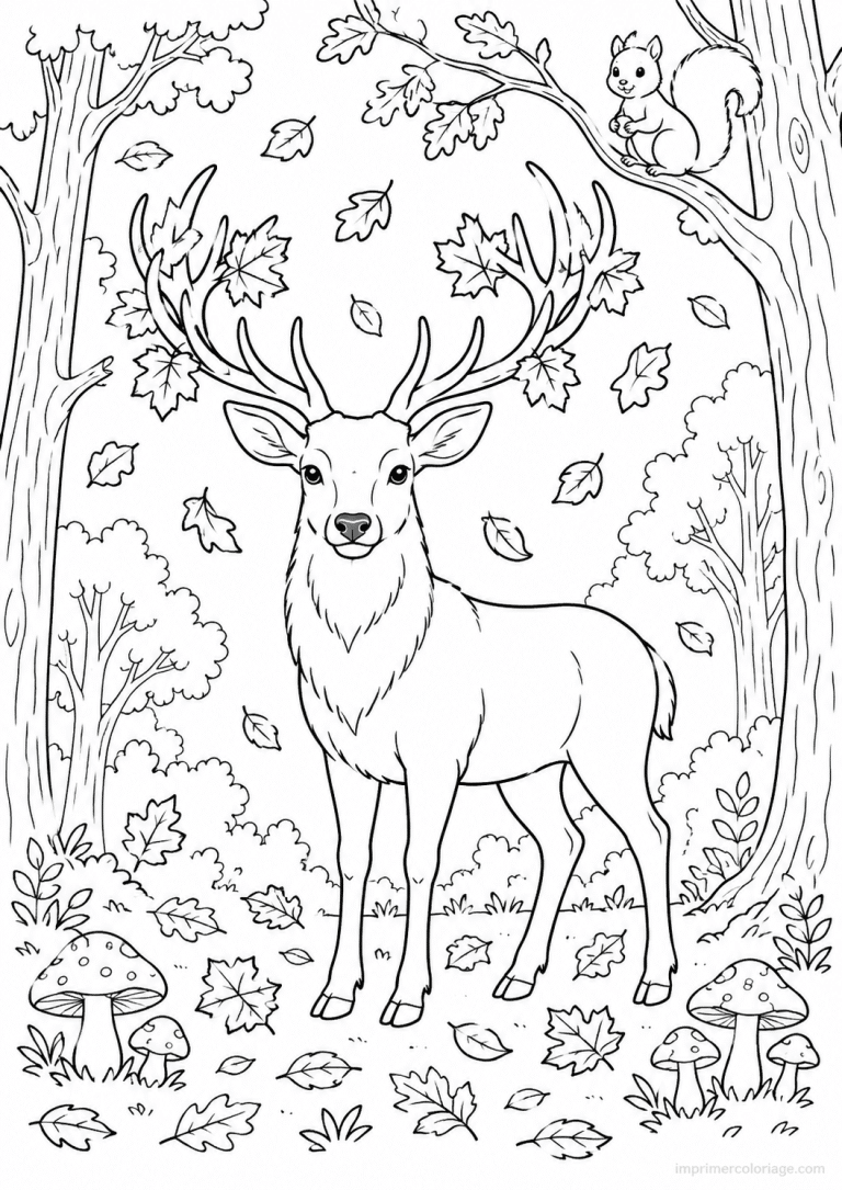 coloriage cerf automne feuilles bois ecureuil - dessin gratuit &agrave; imprimer