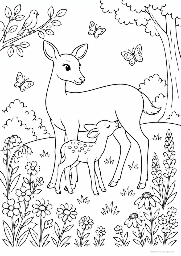 coloriage cerf biche faon clairiere papillons - dessin gratuit &agrave; imprimer