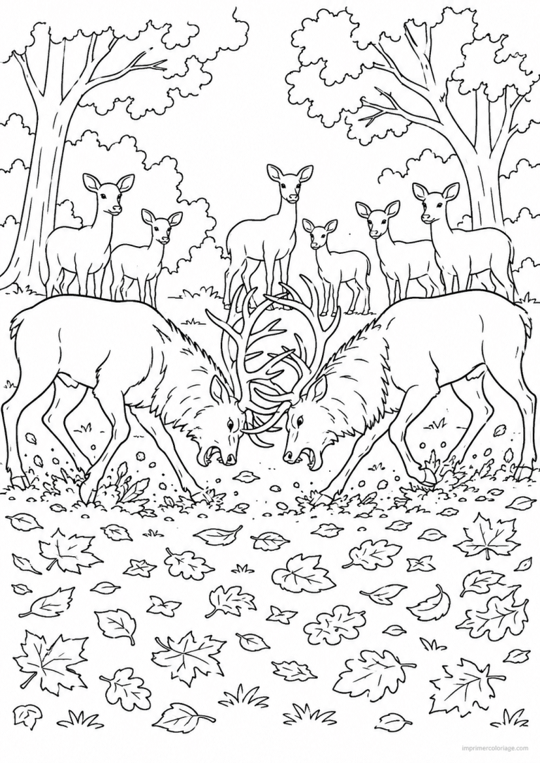 coloriage cerf combat brame bois entrechoques - dessin gratuit &agrave; imprimer