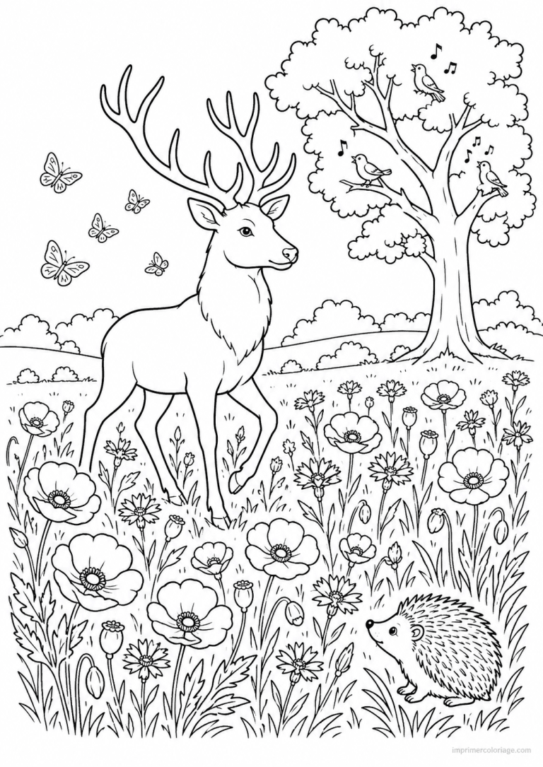 coloriage cerf coquelicots papillons herisson - dessin gratuit &agrave; imprimer