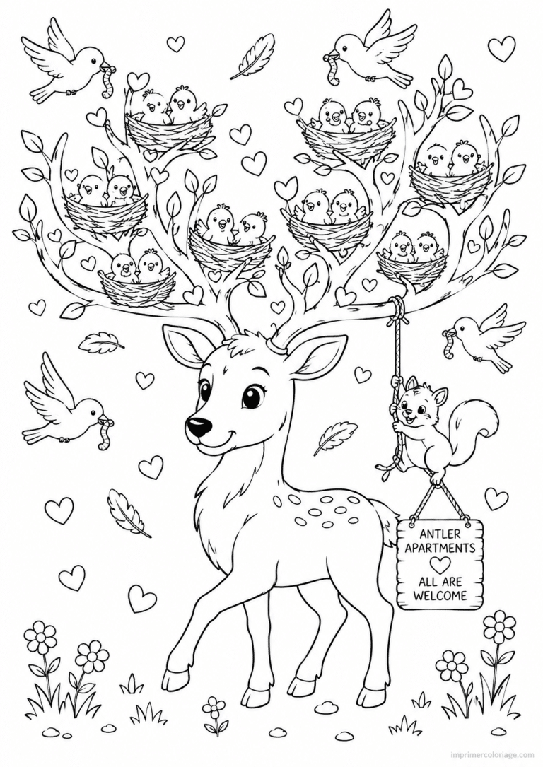 coloriage cerf cute bois nids oiseaux famille - dessin gratuit &agrave; imprimer