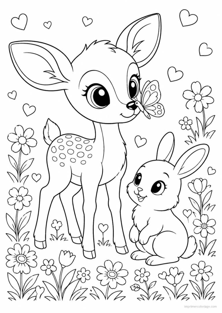 coloriage cerf cute faon papillon lapin - dessin gratuit &agrave; imprimer