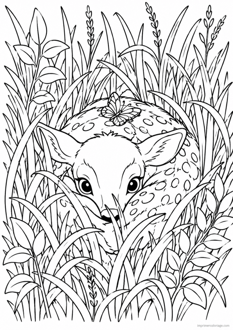 coloriage cerf faon cache herbes papillon - dessin gratuit &agrave; imprimer