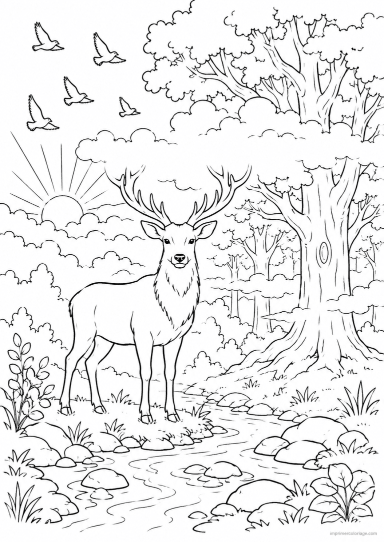 coloriage cerf foret brume aube ruisseau - dessin gratuit &agrave; imprimer