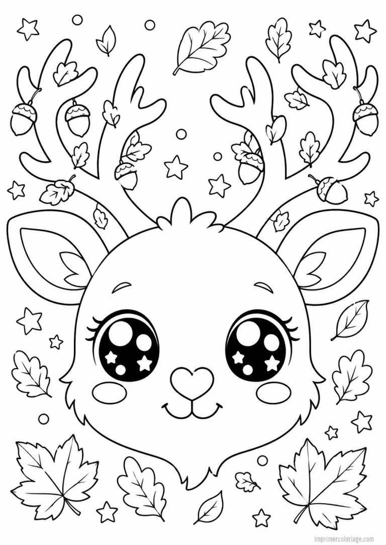 coloriage cerf kawaii bois glands visage - dessin gratuit &agrave; imprimer