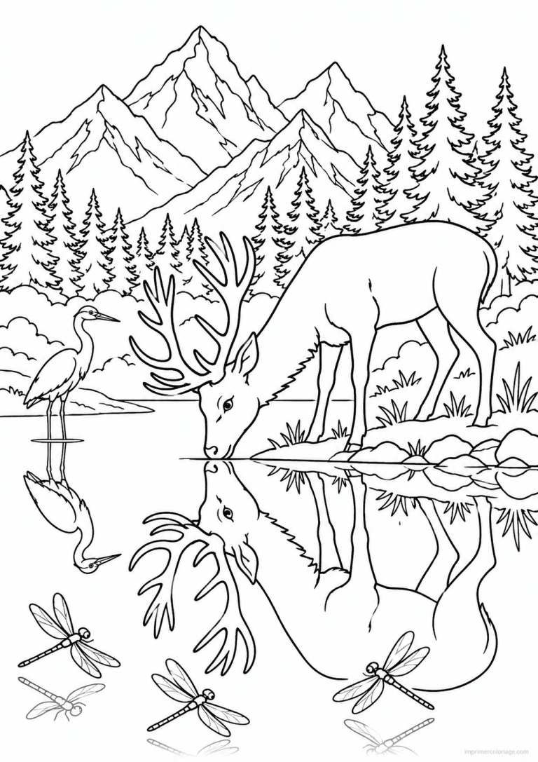 coloriage cerf lac reflet bois heron - dessin gratuit &agrave; imprimer