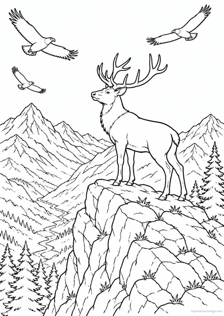 coloriage cerf rocher montagne aigles sommet - dessin gratuit &agrave; imprimer