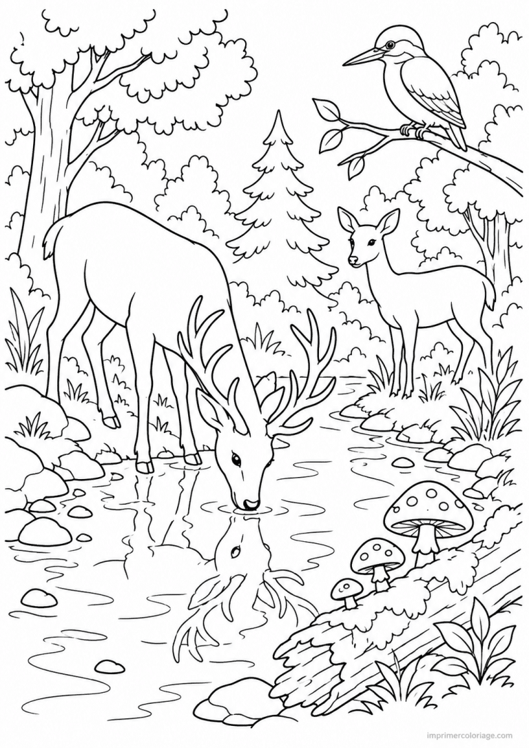 coloriage cerf ruisseau biche martin pecheur à imprimer coloriage cerf ruisseau biche martin pecheur - dessin gratuit à imprimer
