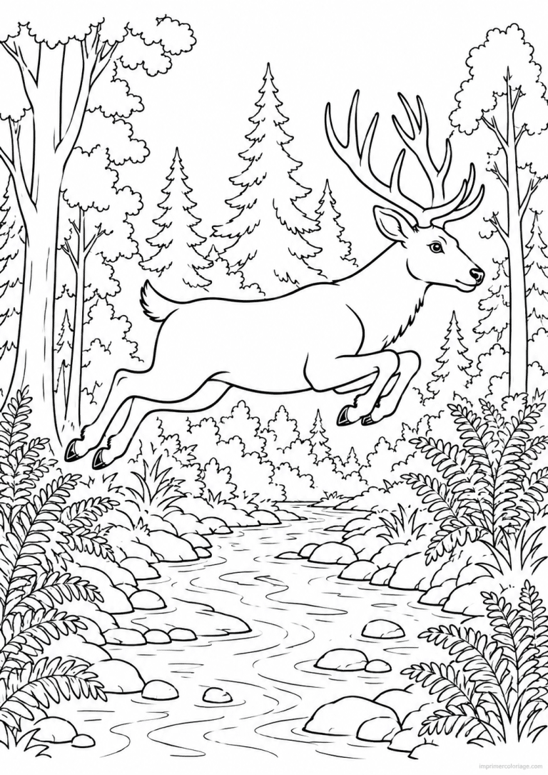 coloriage cerf saut ruisseau fougeres - dessin gratuit &agrave; imprimer