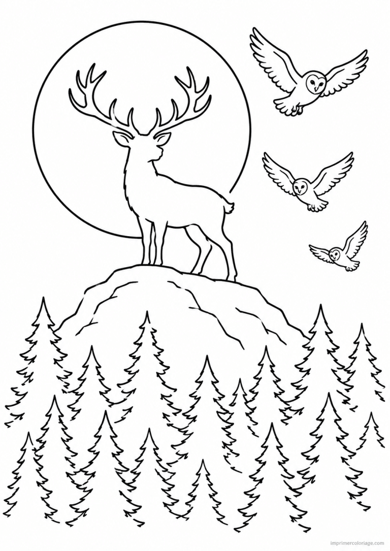 coloriage cerf silhouette pleine lune chouettes - dessin gratuit &agrave; imprimer