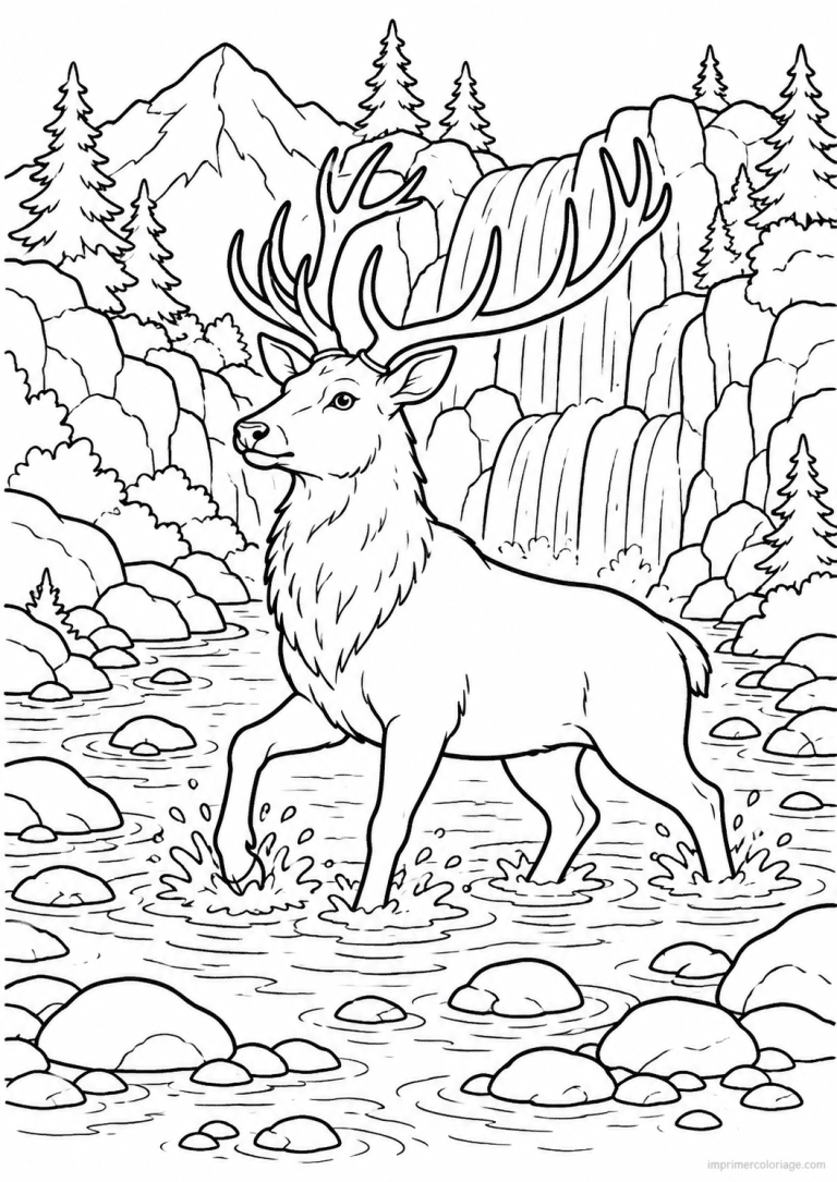 coloriage cerf traverse riviere cascade - dessin gratuit &agrave; imprimer
