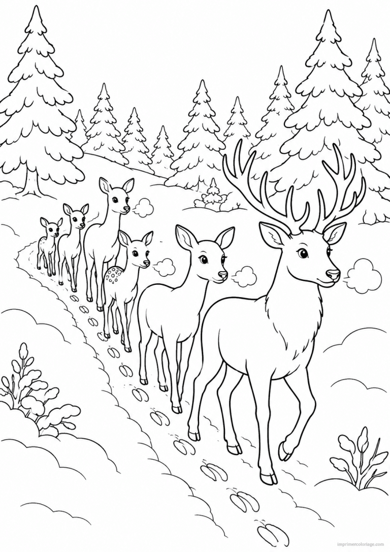 coloriage cerf troupeau neige foret traces - dessin gratuit &agrave; imprimer