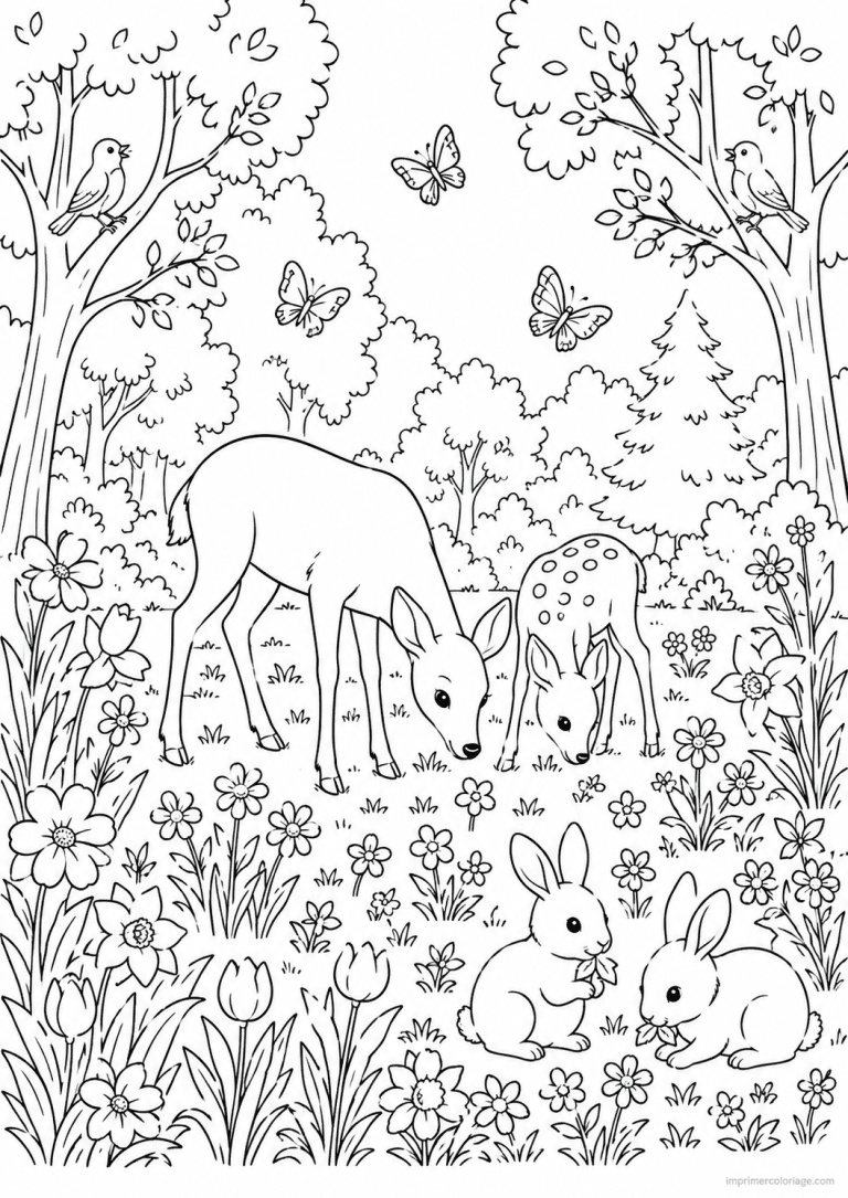 coloriage clairiere biche faon papillons printemps à imprimer coloriage clairiere biche faon papillons printemps - dessin gratuit à imprimer
