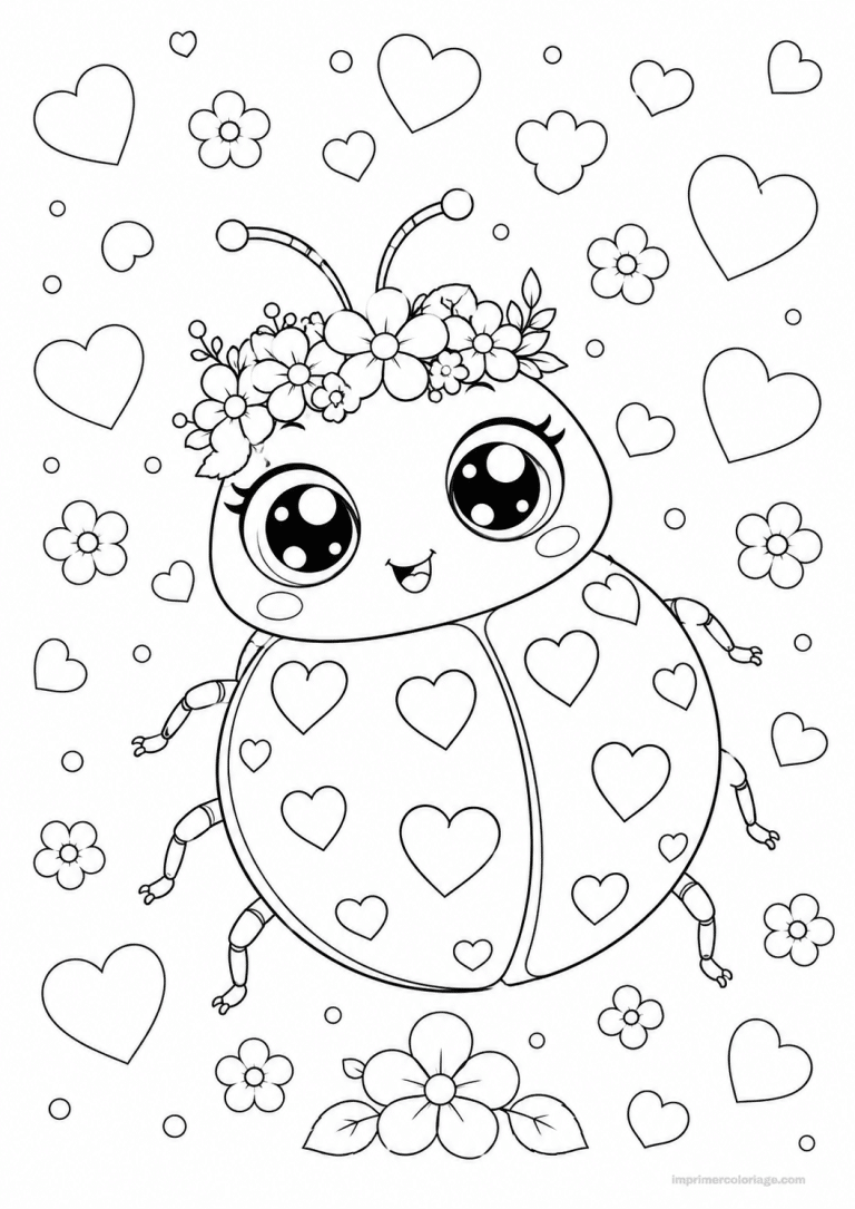 coloriage coccinelle cute couronne fleurs coeurs - dessin gratuit &agrave; imprimer