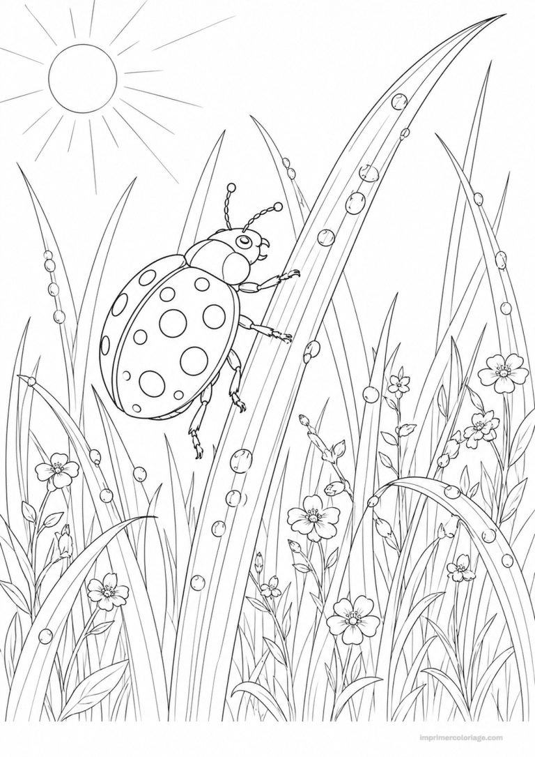 coloriage coccinelle fins herbe rosee - dessin gratuit &agrave; imprimer