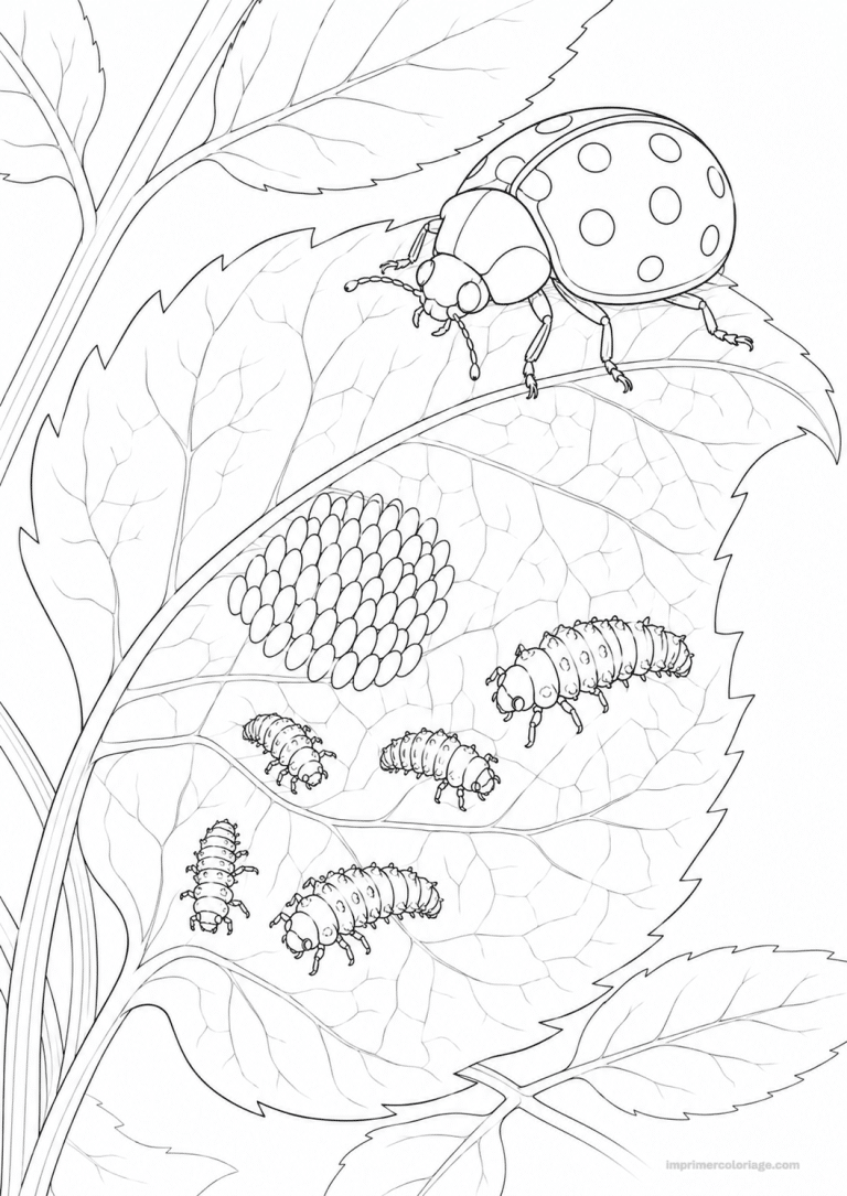coloriage coccinelle fins oeufs larves - dessin gratuit &agrave; imprimer