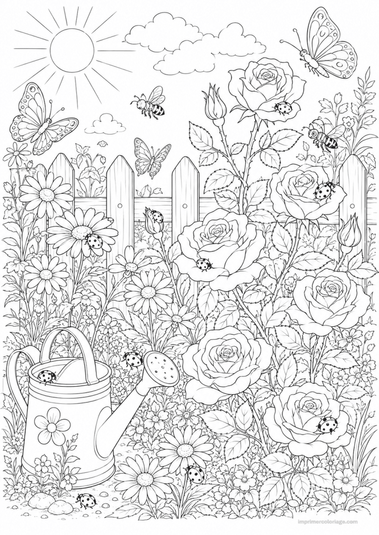 coloriage coccinelle scene jardin roses - dessin gratuit &agrave; imprimer