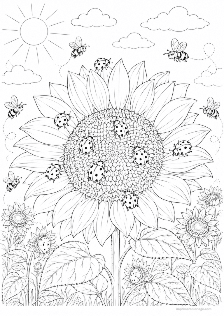 coloriage coccinelle scene tournesol groupe - dessin gratuit &agrave; imprimer