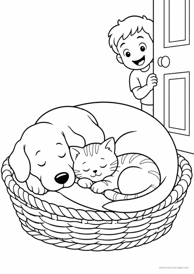 coloriage compagnie chat chien dorment panier - dessin gratuit &agrave; imprimer