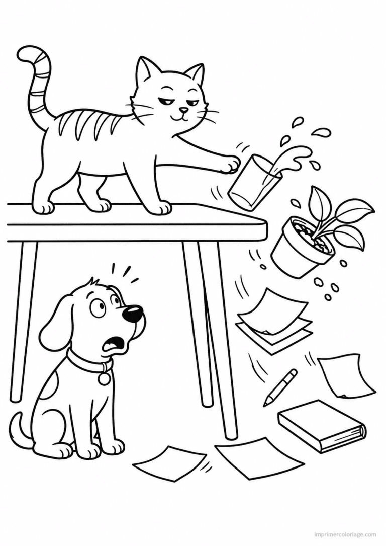 coloriage compagnie chat table pousse objets - dessin gratuit &agrave; imprimer