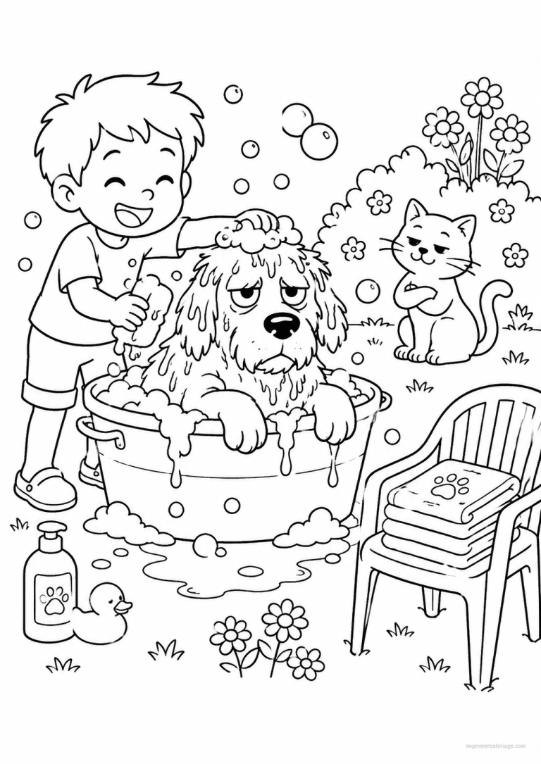 coloriage compagnie chien bain enfant chat - dessin gratuit &agrave; imprimer