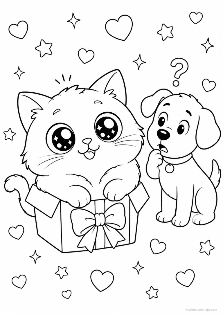 coloriage compagnie cute chat boite chien - dessin gratuit &agrave; imprimer