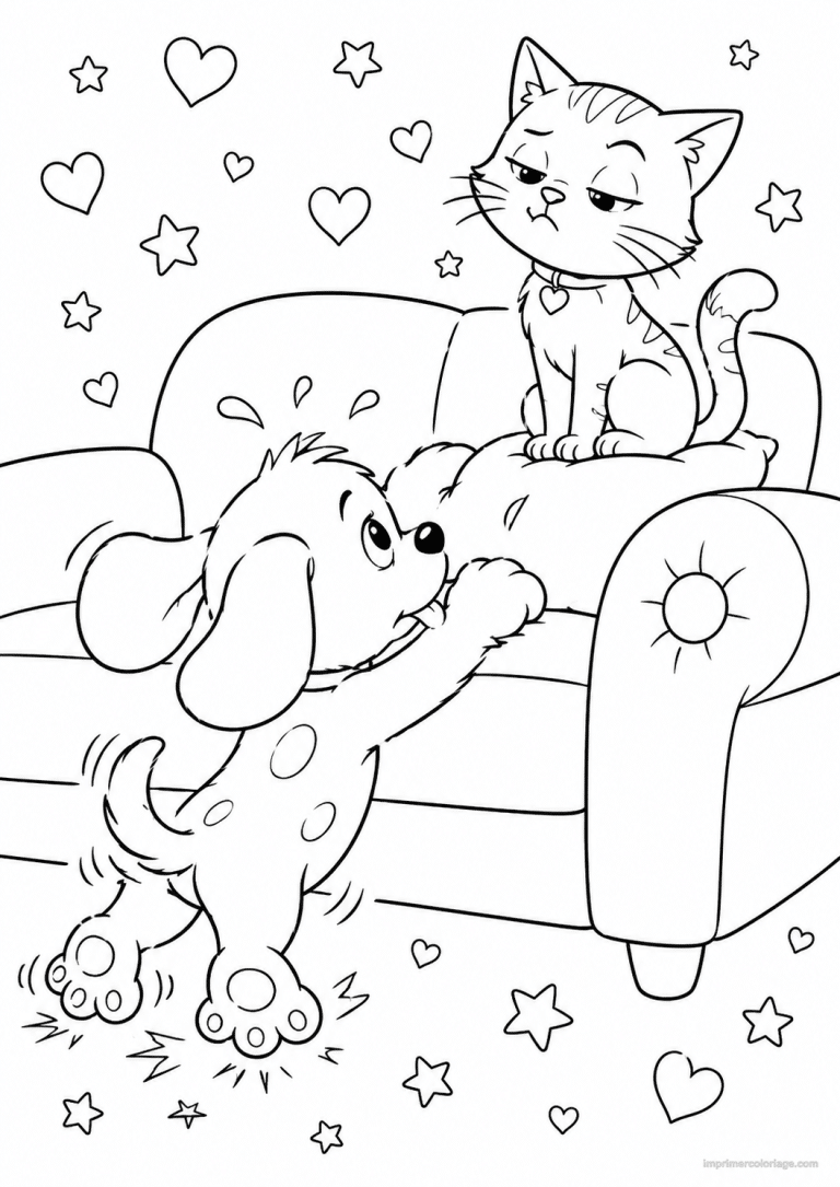 coloriage compagnie cute chiot canape chat - dessin gratuit &agrave; imprimer