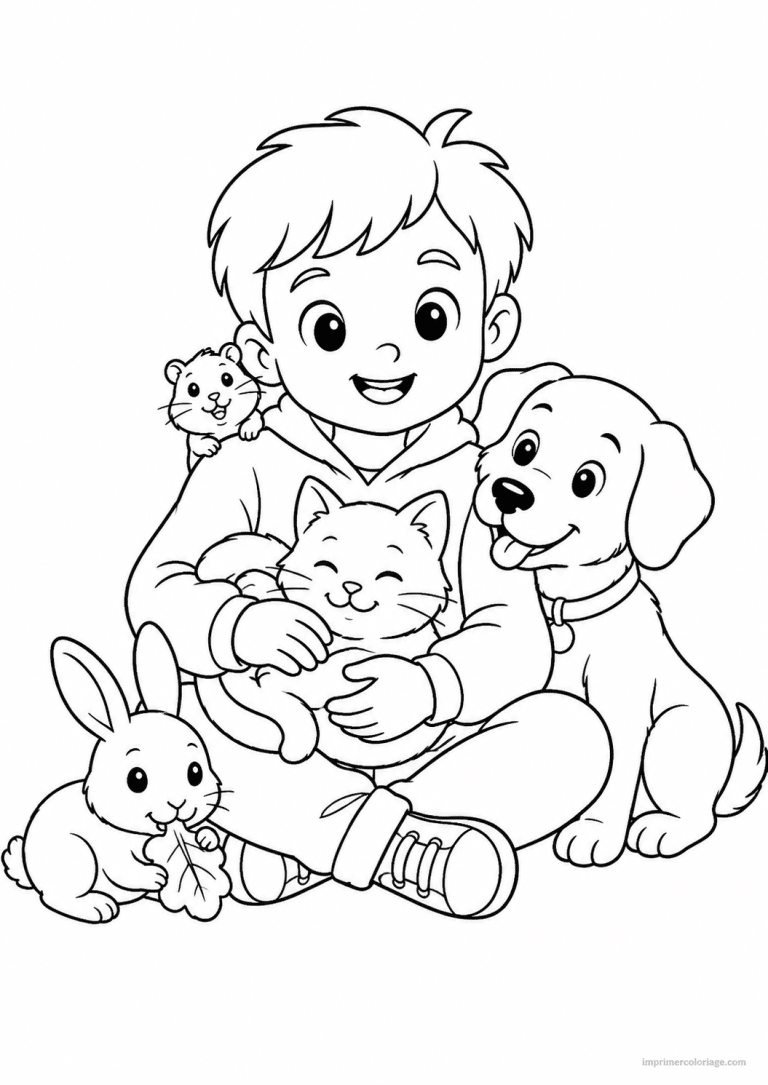 coloriage compagnie enfant entoure animaux - dessin gratuit &agrave; imprimer