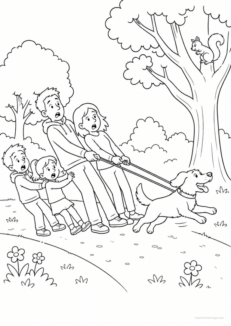 coloriage compagnie famille chien laisse parc - dessin gratuit &agrave; imprimer