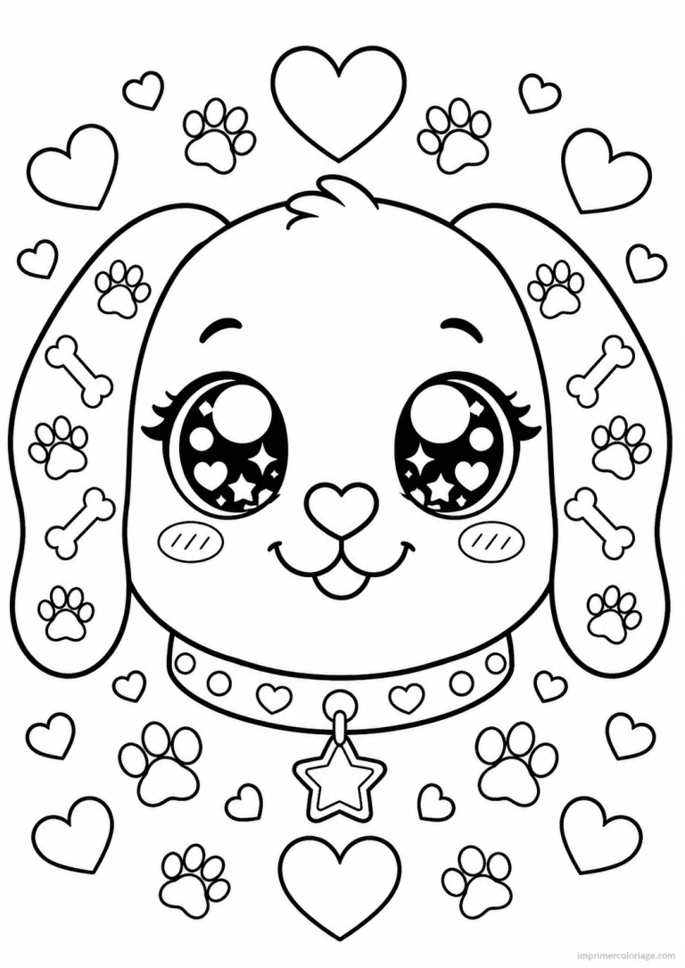 coloriage compagnie kawaii chien visage coeurs - dessin gratuit &agrave; imprimer