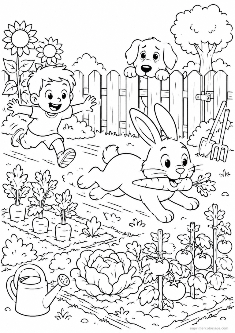 coloriage compagnie lapin jardin carotte chien - dessin gratuit &agrave; imprimer