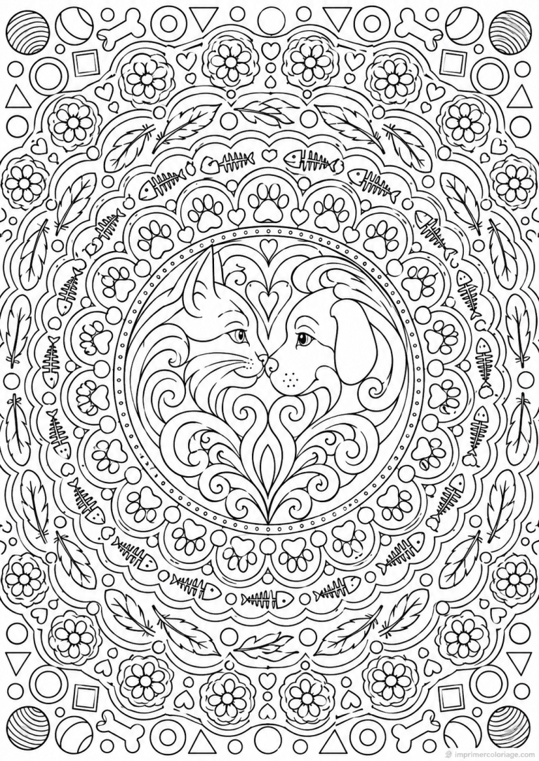 coloriage compagnie mandala chat chien centre - dessin gratuit &agrave; imprimer