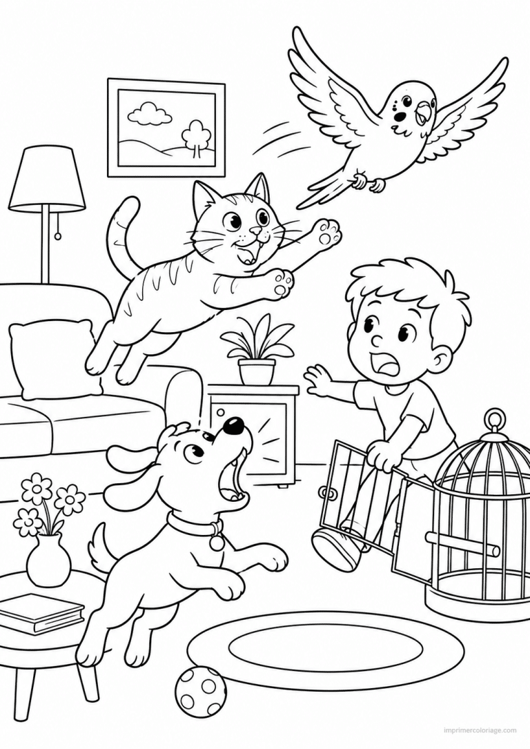coloriage compagnie perruche envolee chat chien - dessin gratuit &agrave; imprimer
